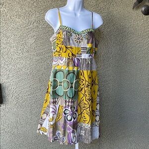 No.117 CAbi Yellow Green Purple Floral Beaded Spaghetti Strap Sundress Size 8